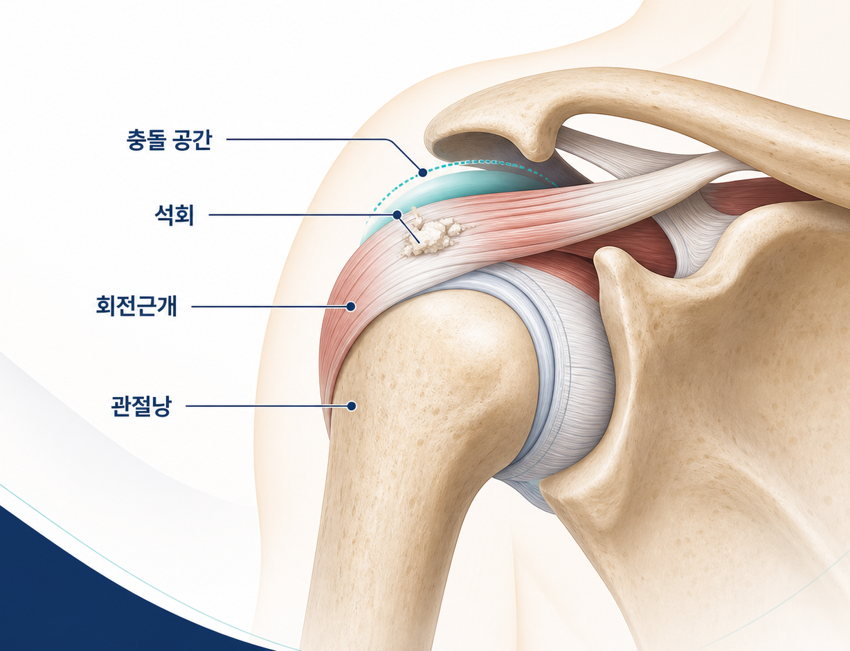 회전근개, 관절낭, 충돌 공간을 표시한 어깨 관절 구조 그림
